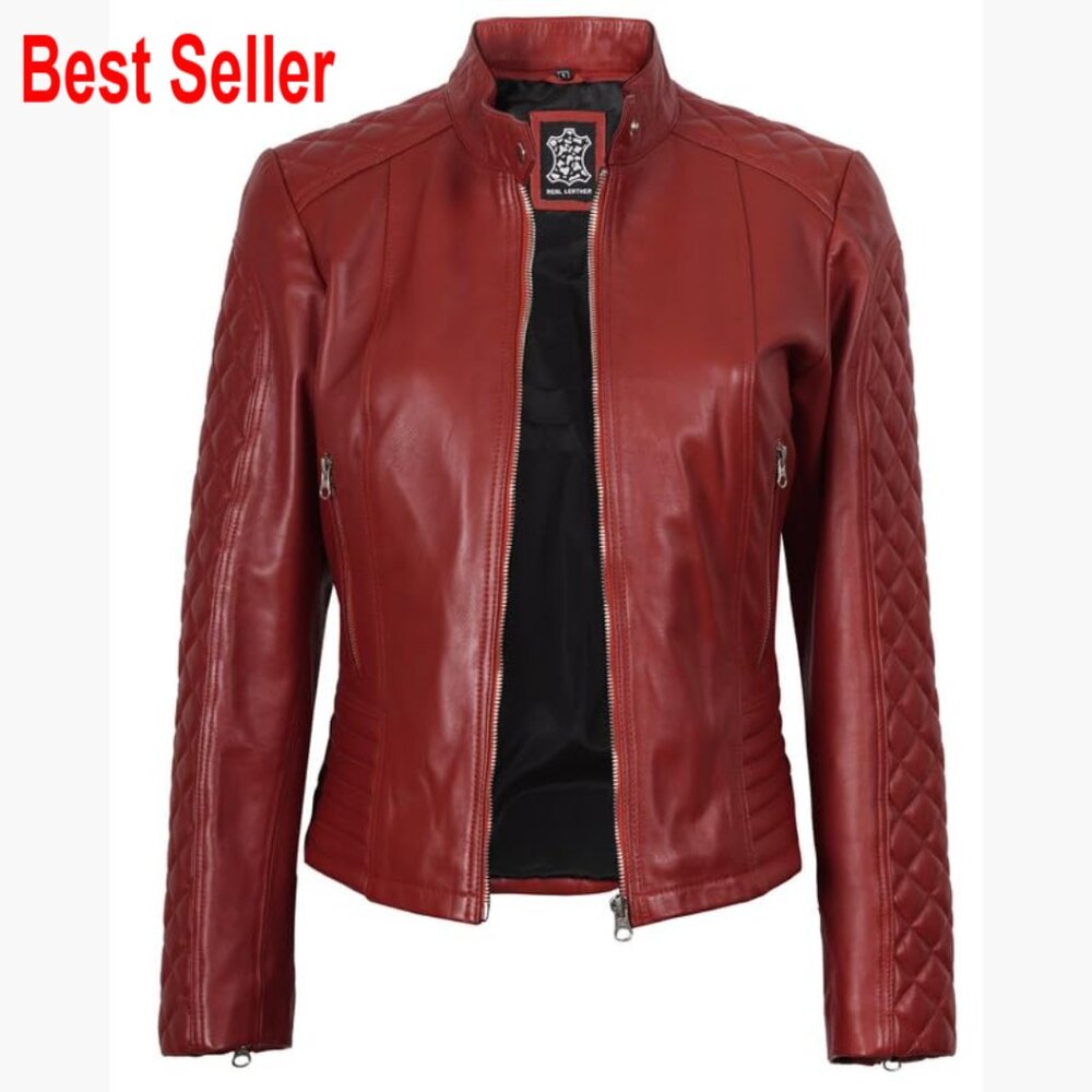 Real Lambskin Leather Jacket, Cafe Racer Style, Quilted Band Collar - Picture 3 of 6